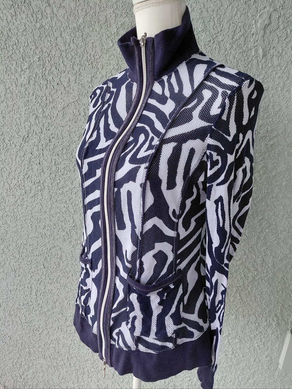 BYLYSE Navy White Zebra Print Full Zip Jacket Women's Large 100% Cotton